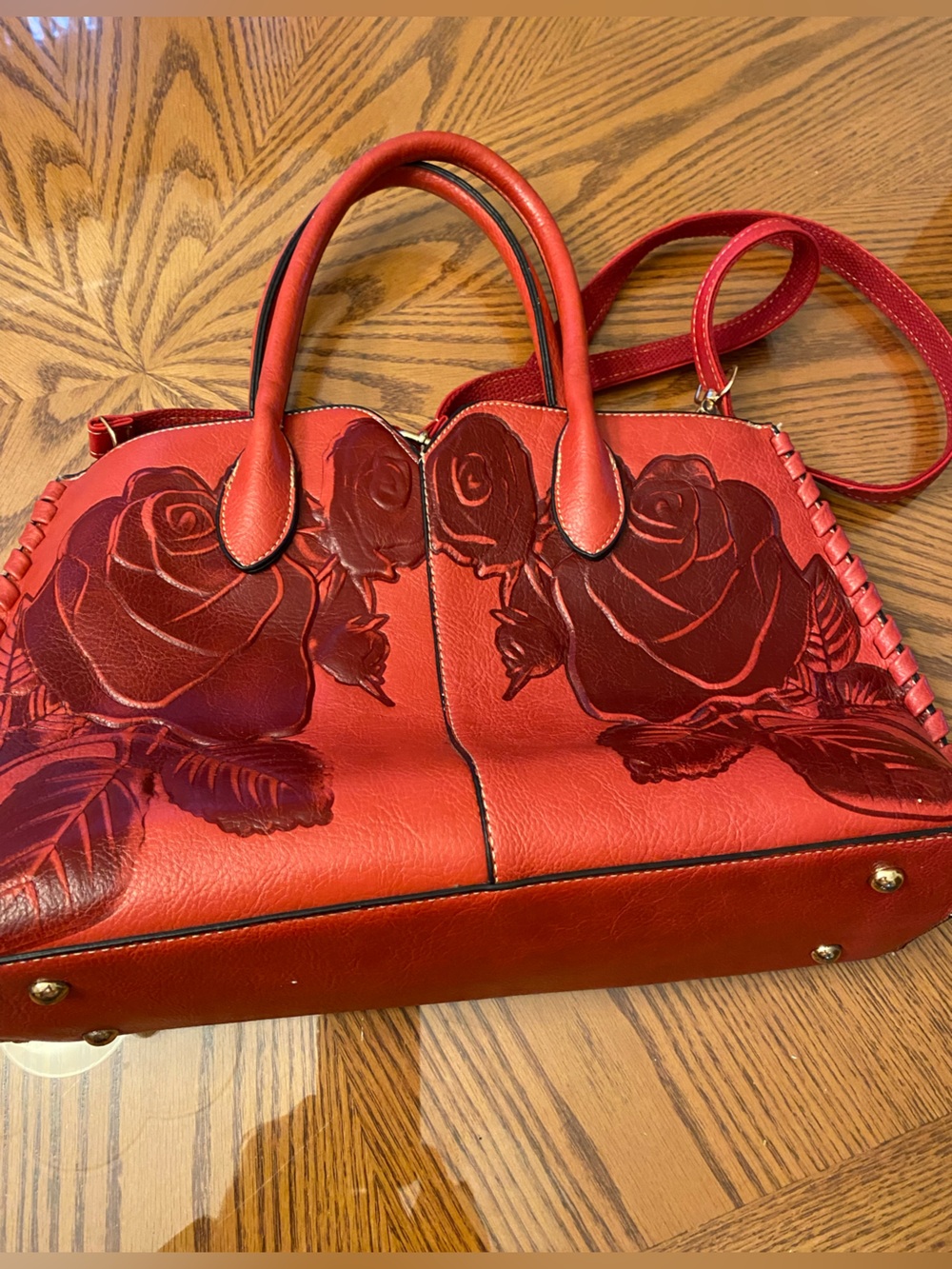 Red Rose Embossed Tote Bag with Top Handles
